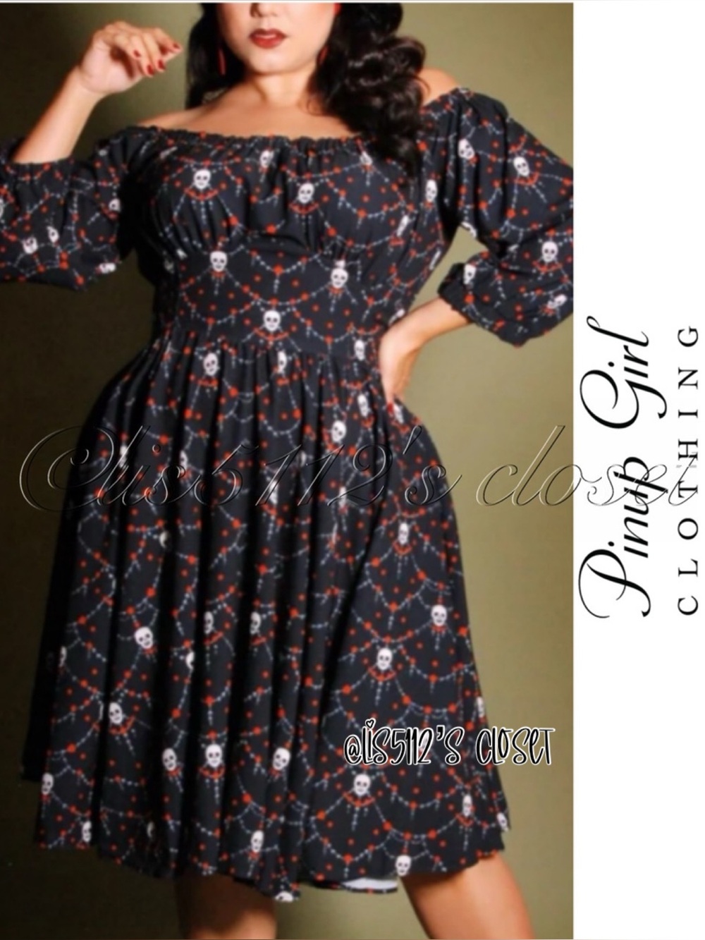 Pinup Couture Marie-Thérèse Peasant Dress in Halloween Skull Lace Crepe Sz XS